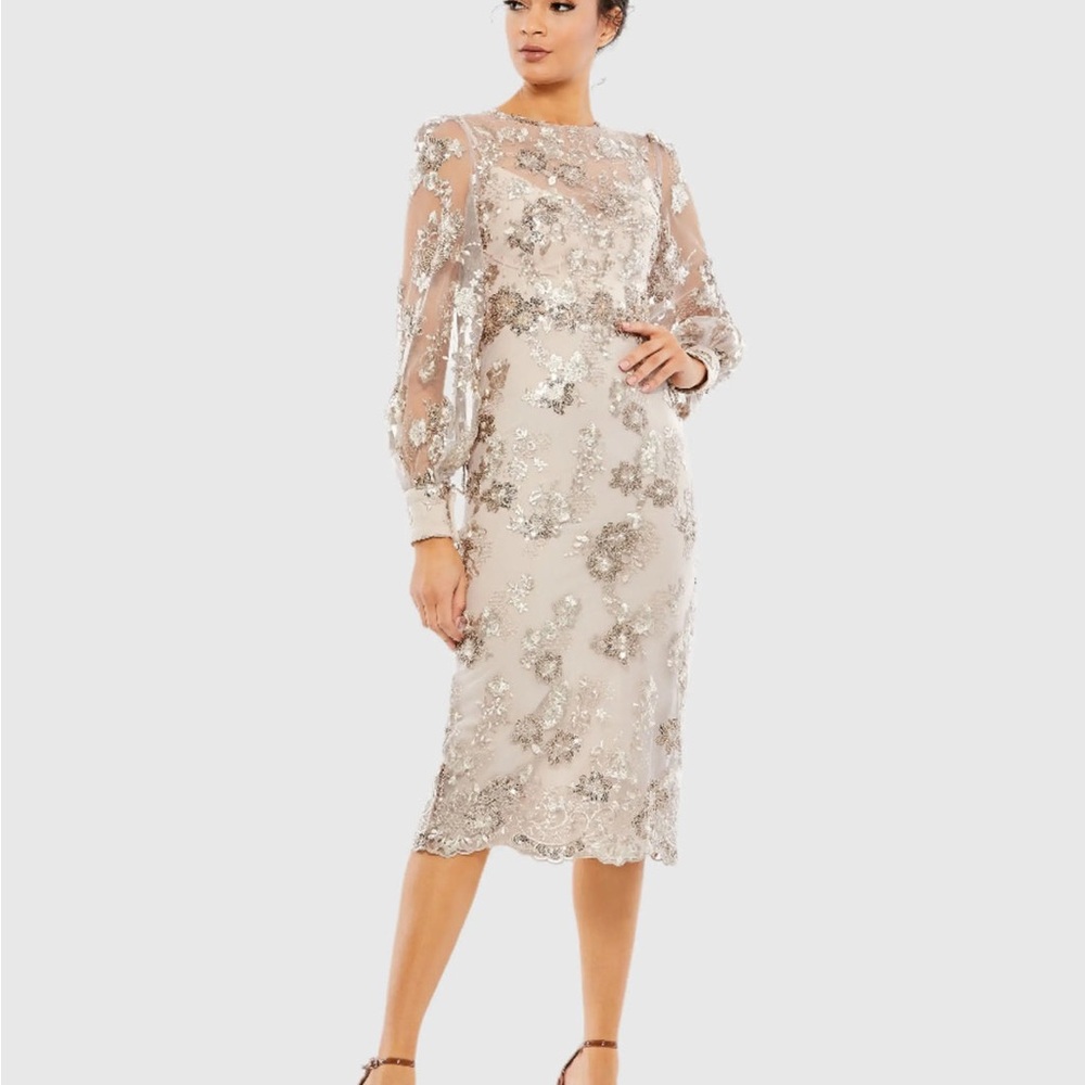 Mac Duggal Embellished High Neck Illusion Long Sleeve Midi Dress